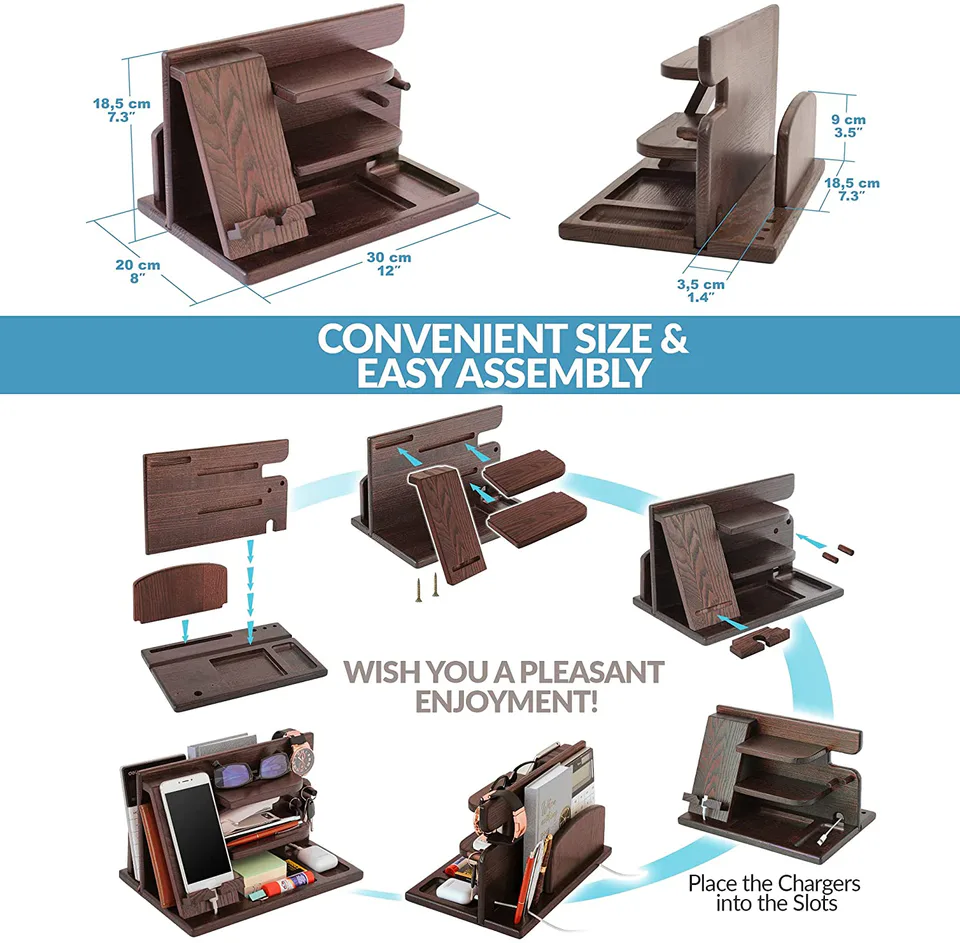 TESLYAR Wood Phone Docking Station Ash Key Holder Wallet Stand
