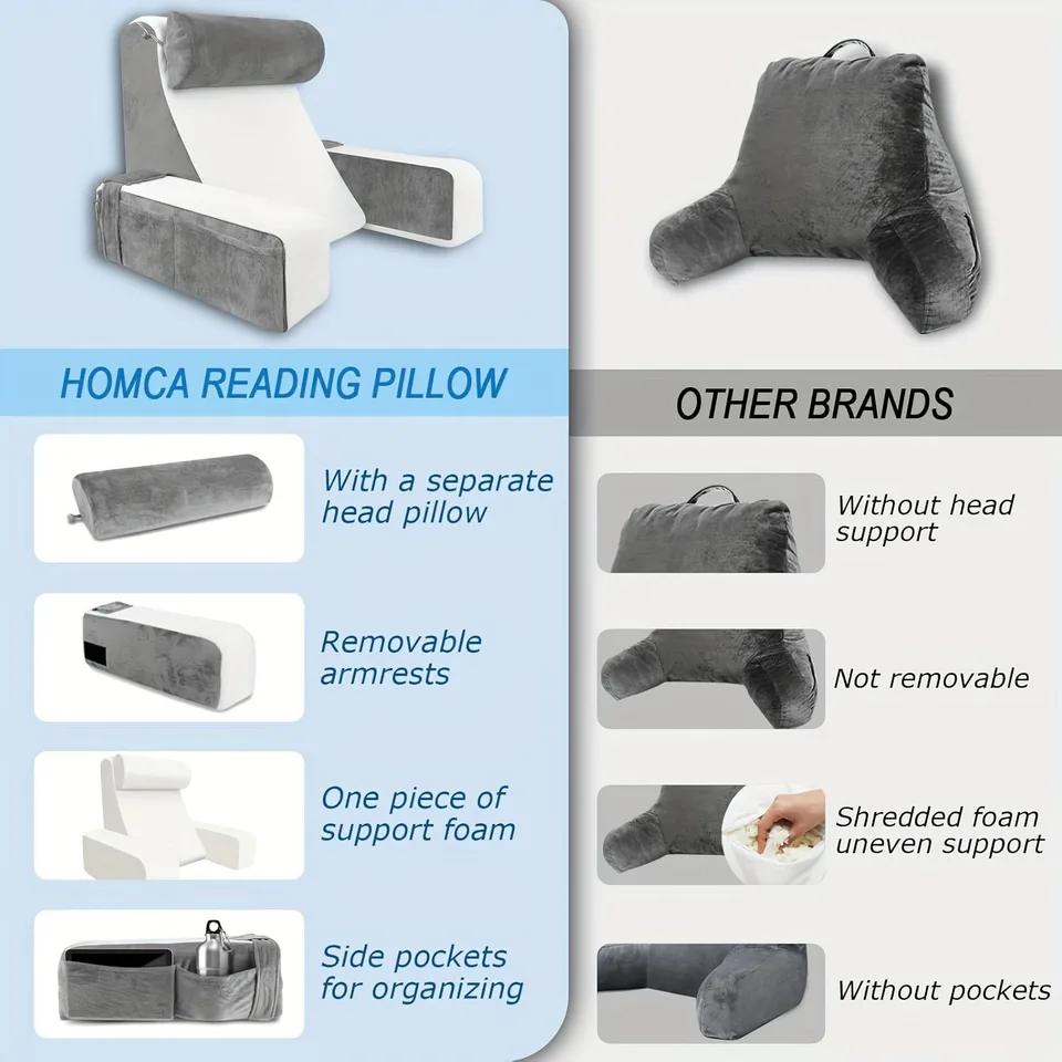 Cozy Ergonomic TV Pillow with Handy Pockets, Gray/White