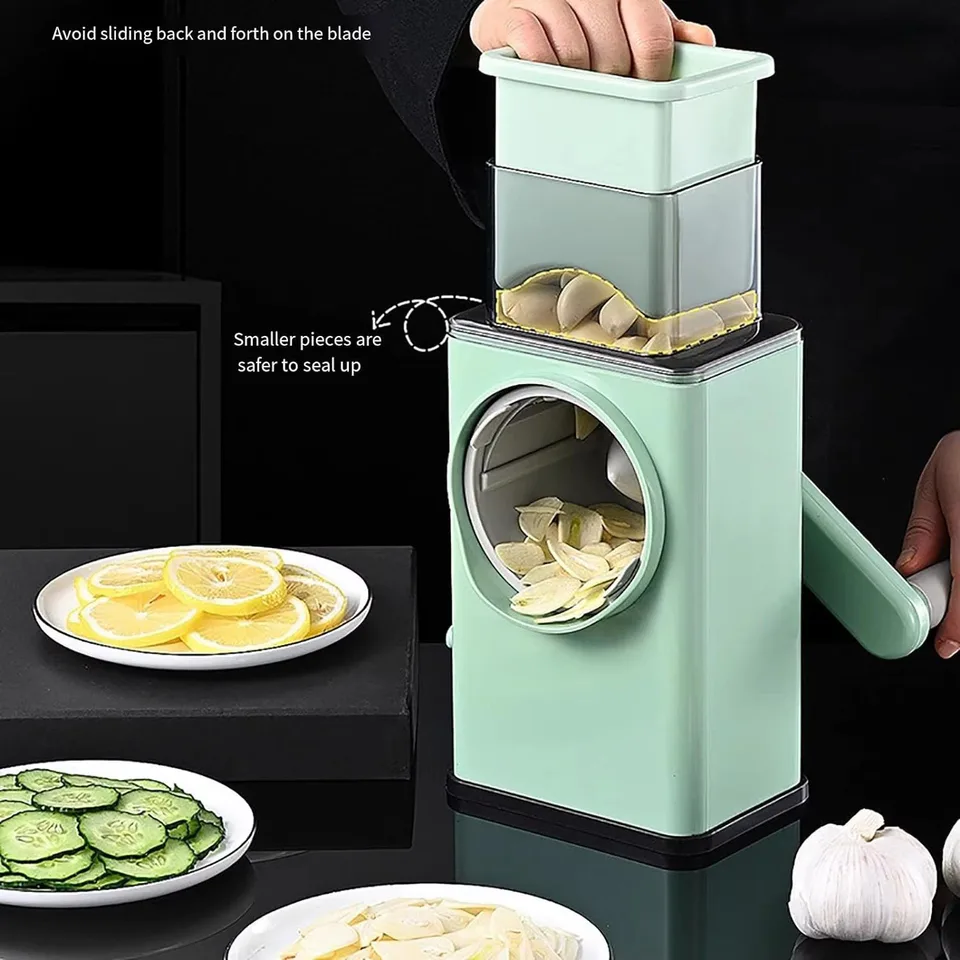 Rotary Vegetable Grater – Manual Mandoline Slicer with 3 Drum Blades