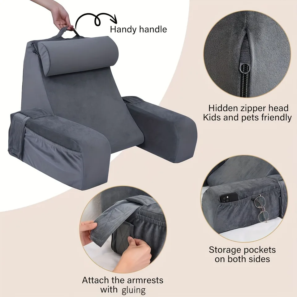Cozy Ergonomic TV Pillow with Handy Pockets, Gray/White